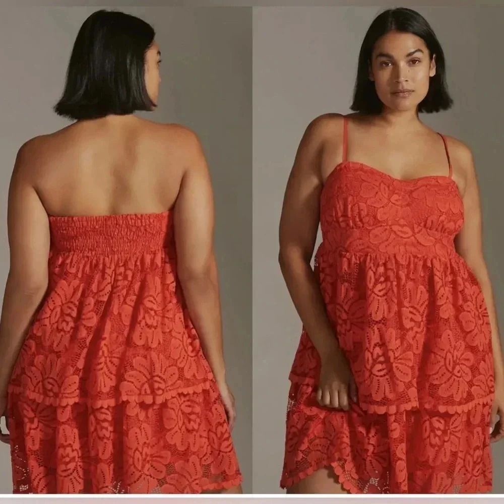 Anthropologie x Maeve Strapless Mini Lace Tiered Dress Red Small Petite‎ NWT - Picture 4 of 4